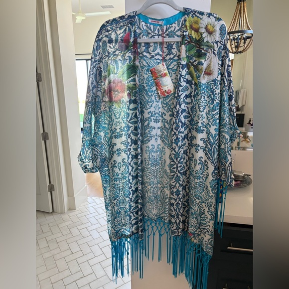 JOHNNY WAS Bohemian floral Blue Kimono with Fringe Small - Picture 4 of 7